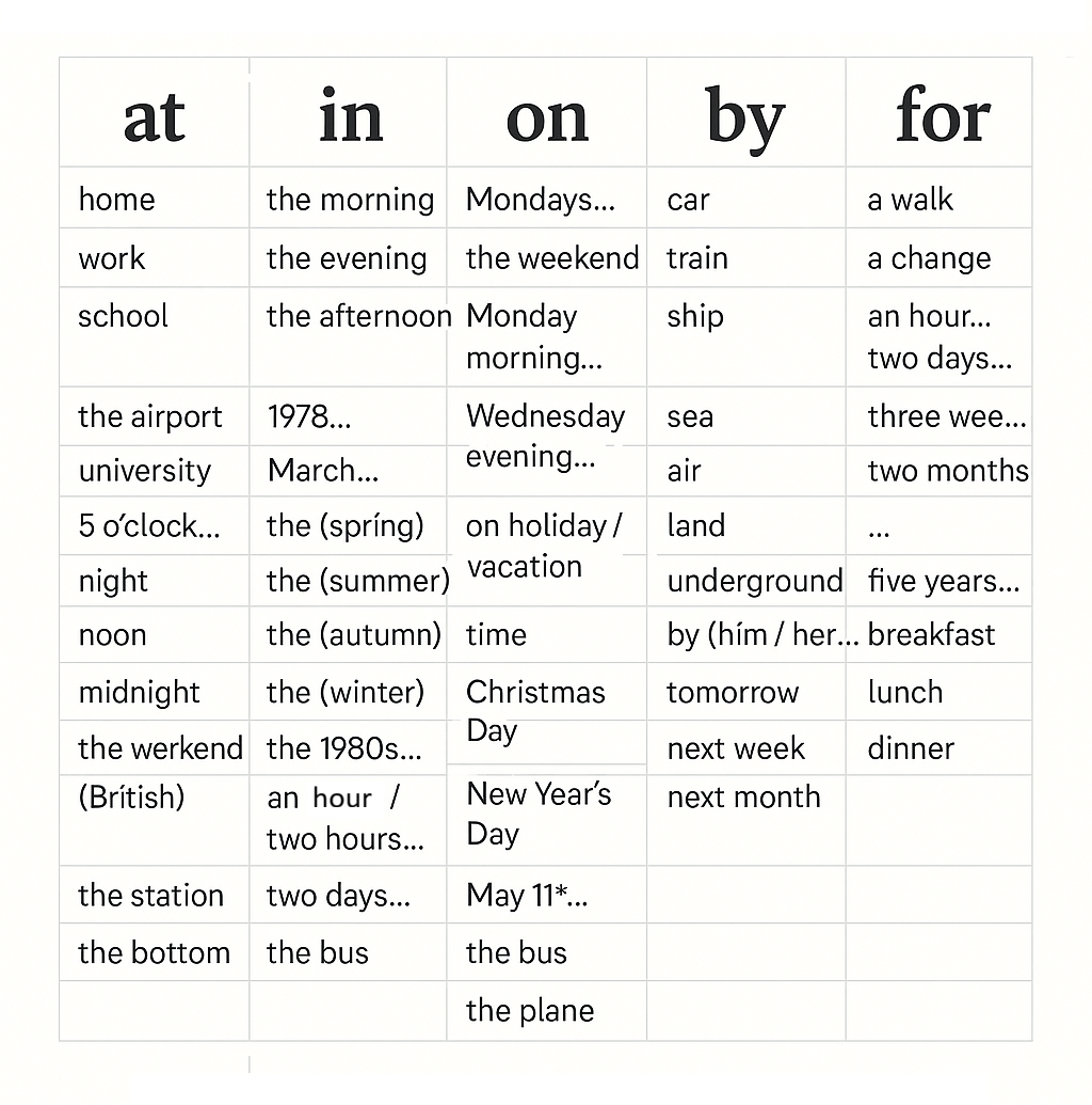 Angol prepozíciók összefoglaló ábra